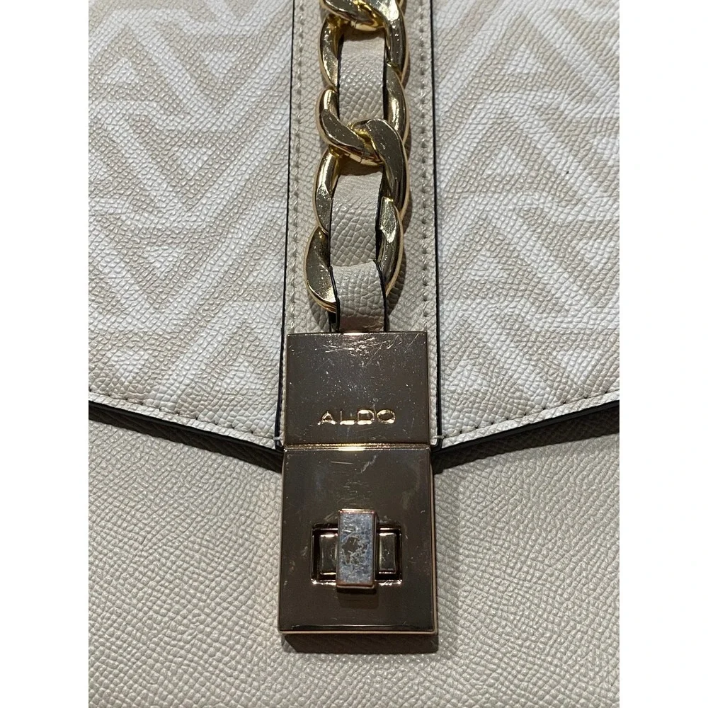 Aldo Satchel Handbag Womens Medium Cream Good Monogram Chain Turn-Lock Bag